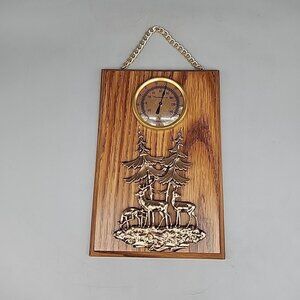 Vintage 8.5x5" Wood Wall Plaque THERMOMETER Deer Pine Trees Wall Hanging